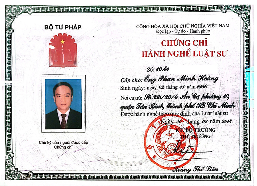 Chứng chỉ hành nghề luật sư của Luật sư giỏi doanh nghiệp Phan Minh Hoàng