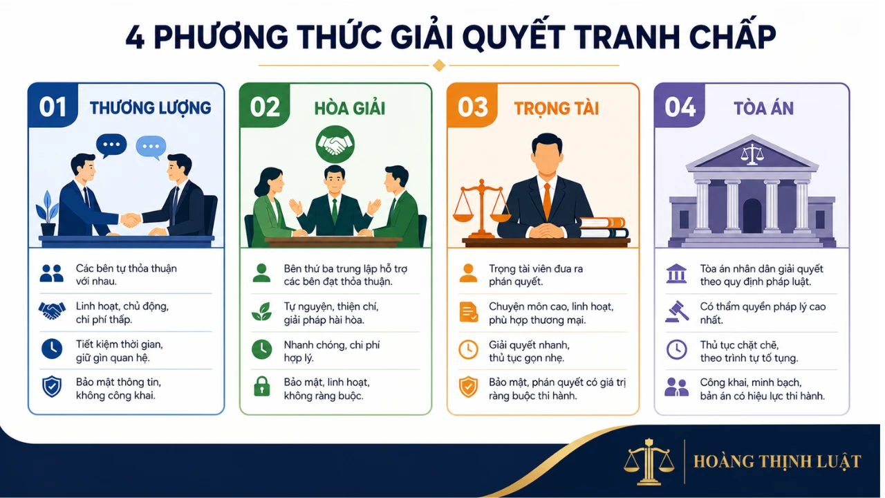 Bốn phương thức chính trong quy trình giải quyết tranh chấp theo pháp luật Việt Nam Bốn phương thức chính trong quy trình giải quyết tranh chấp theo pháp luật Việt Nam